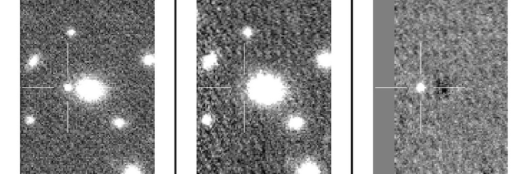 The left image is the “new image” from a couple of nights ago while middle one is the “reference” image taken a couple of years ago, the right image is the difference between “new” and “reference”. The researchers said there was clearly an exploding star in the outskirts of the galaxy. Image: ANU.