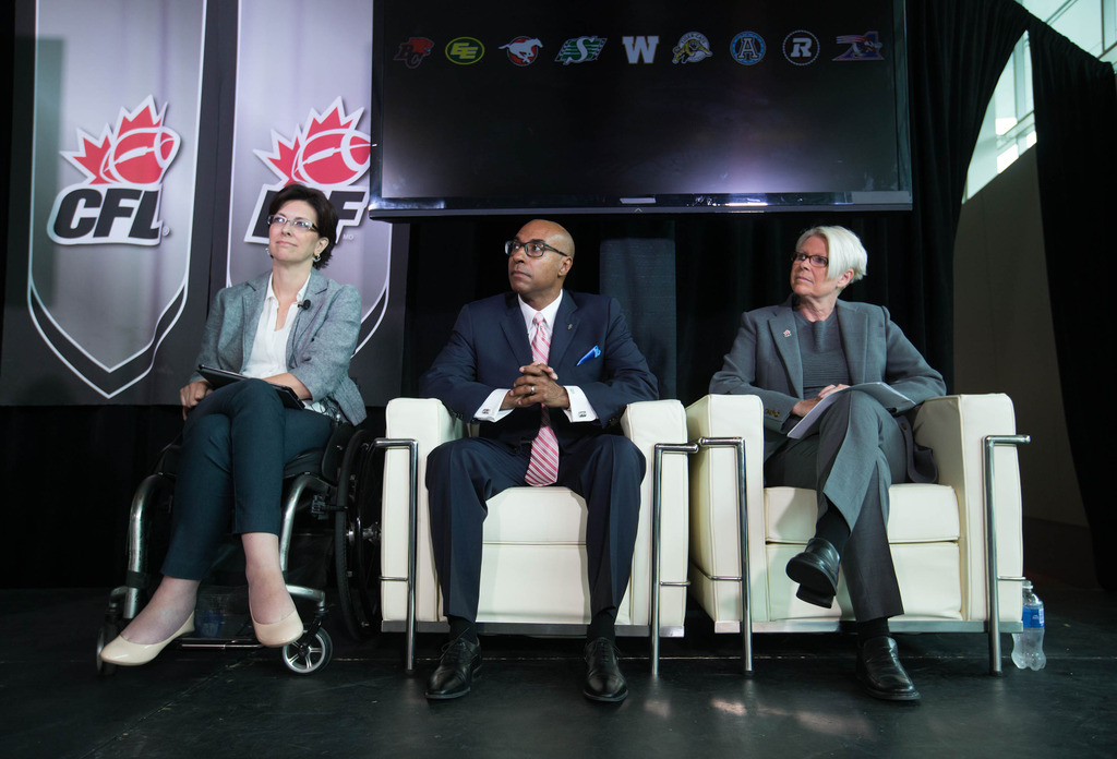 From left to right is Stephanie Cadieux (Minister for Children and Family Development, BC Government), Jeffrey L Orridge (CFL Commissioner), and Tracy Porteous (Chair, Ending Violence Association BC) during the media conference.