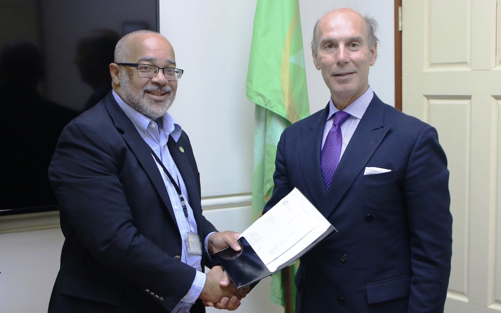 Ambassador of the Kingdom of Spain, H.E. Javier Carbajosa, presents credentials to OECS Director General, Dr. Didacus Jules.