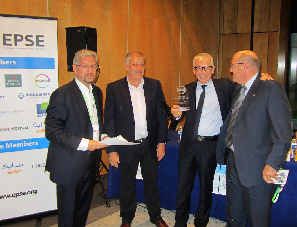 Winning team in the Sustainability Category. From the left: F. Midy (Jury President), H. Goldman (EPSE President), G. Prestigiovanni (Koscon), J. De Llanza (Koscon)