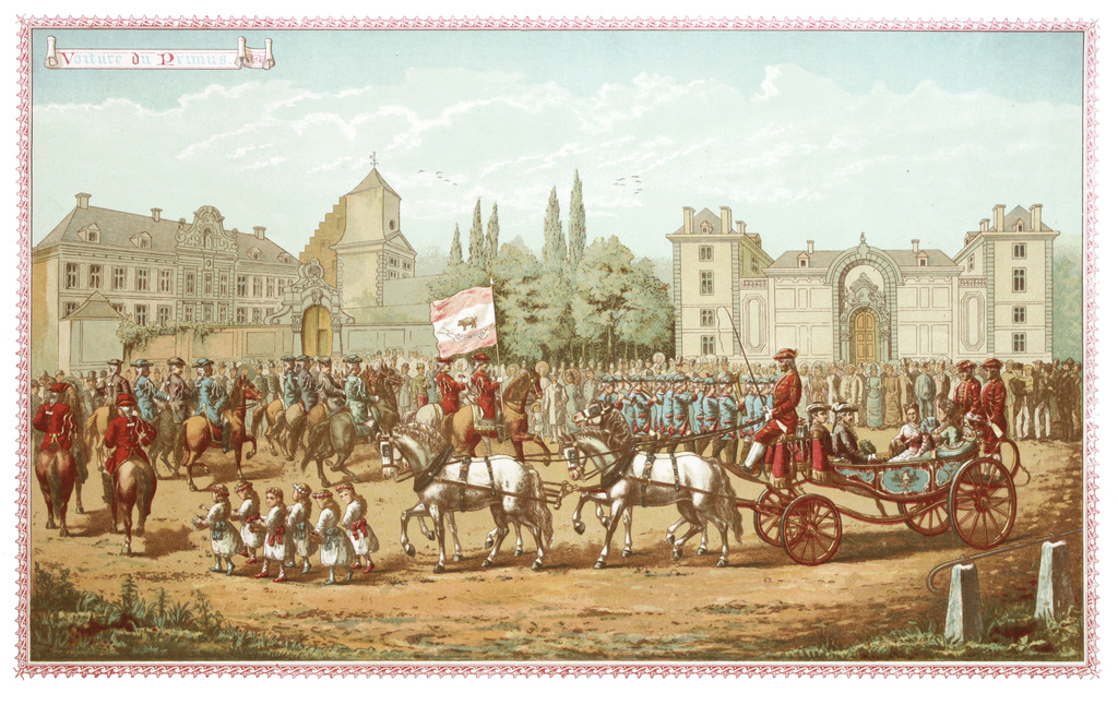 “Voiture du Primus” - triomftocht door Leuven van primus François de Sécus in 1778, met op kop het vaandel van pedagogie het Varken.<br/>uitg. D. Aug. Peeters-Ruelens Editeur, Leuven, 1886<br/>uit: Album illustré du Cortège historique organisé à Louvain à l’occasion du cinquantième anniversaire de la restauration de l’Université Catholique 1834–1884, Leuven, 1886<br/>© M - Museum Leuven (foto Hannes Hulstaert)