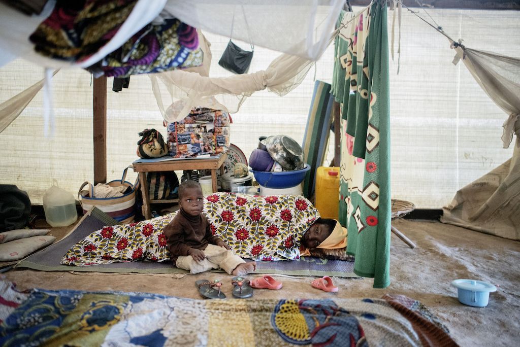 Interior of a large shelter at a displaced persons camp in Benzvi, Bangui.