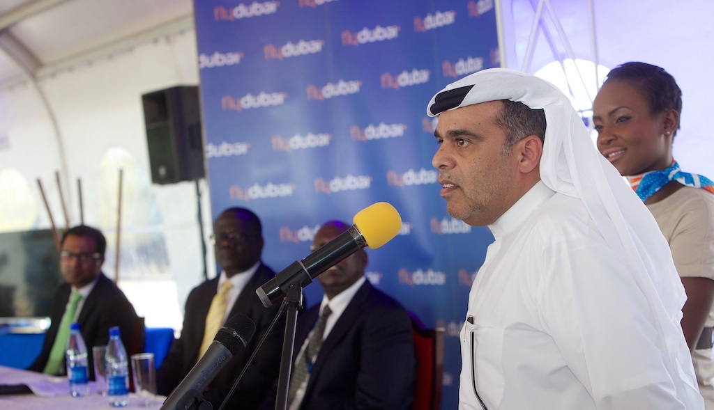 Hamad Obaidalla speaking at the press conference in Entebbe