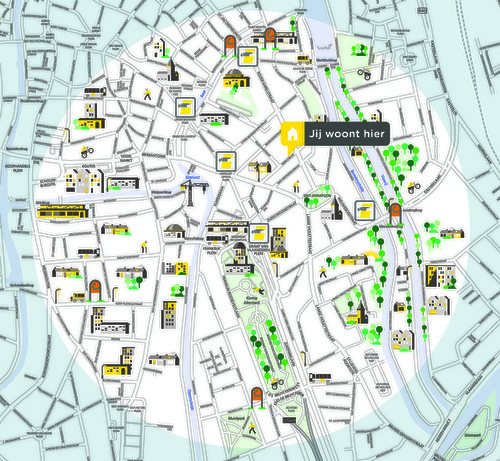 Groene Mobizone 'Zuid' in Gent. Dit kaartje toont alle bus- en tramhaltes van De Lijn en autodeelstations van cambio in deze buurt.