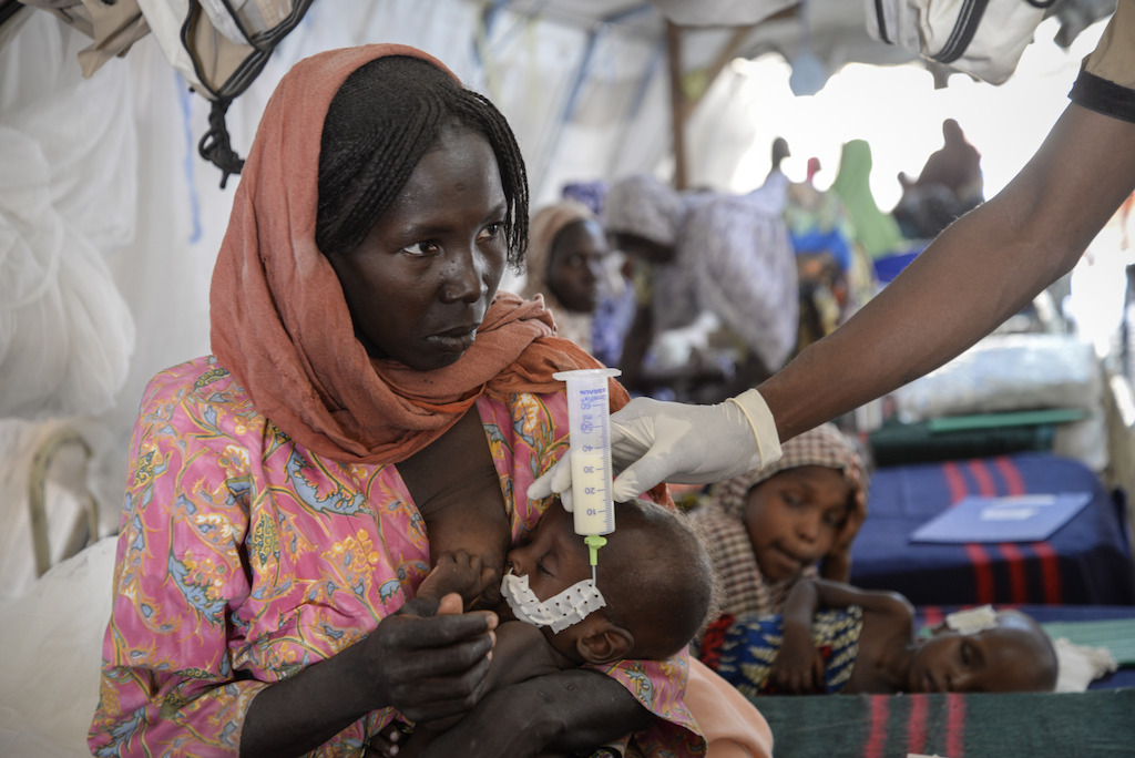 Abdul 11 month, has been admitted for malnutrition in the MSF center of intensive nutritional treatment in Gwange (district of Maiduguri). His family fled to Mafa. She is host by parents in Maiduguri. The displaced people living among the host community do not receive food help. Photographer: Aurelie Baumel
