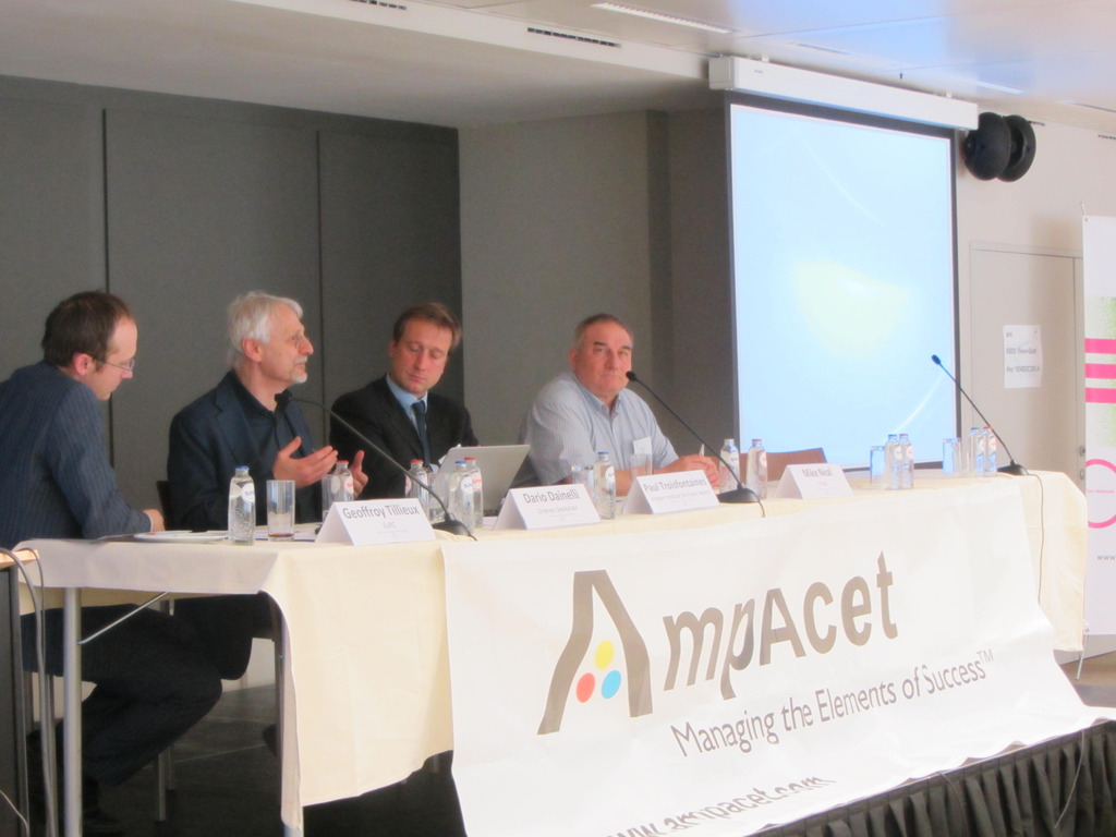 Discussion on risk assessments of food contact materials using practical tools. <br/>From left to right: Geoffroy Tillieux (EuPC), Dario Dainelli (Cryovac Sealed Air), Paul Troisfontaines (Belgian Institute for Public Health), Mike Neal (CPME)