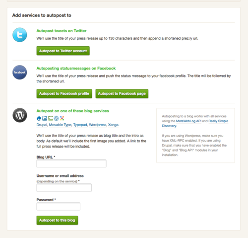Auto-post your press releases to your company blog, facebook page or twitter acc