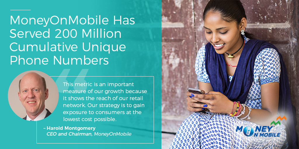 MoneyOnMobile Has Served 200 Million Cumulative Unique Phone Numbers