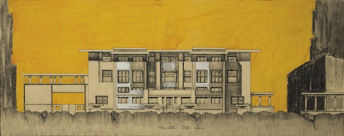Maxime Brunfaut (1909-2003), projet de maison-palais, projet d’étudiant à l’Académie de Bruxelles, inspiré du Palais Stoclet, 1928.<br/>© Archives d’Architecture Moderne
