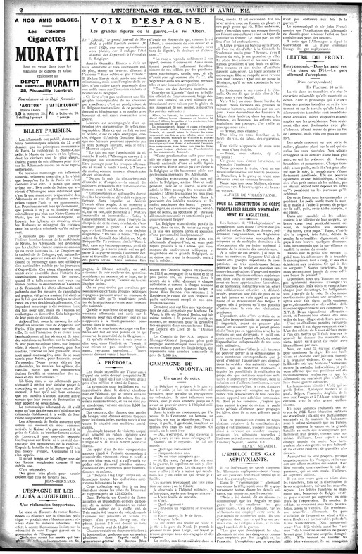 L'Indépendance Belge du 24 avril 1915 (imprimé en exile à Londres)