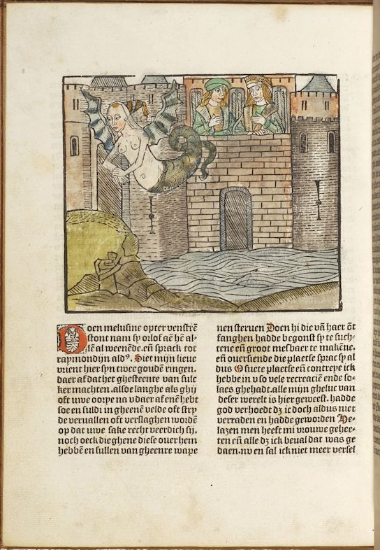 “Verhaal van de mooie Melusine” van Jean d’Arras<br/>Dit is het enige bekende exemplaar van een anonieme Nederlandse bewerking van een beroemd heldendicht in proza over de fee Melusine, “een sirene die huwde met graaf Raymond, maar aan haar gemaal haar toestand en haar staart diende te verbergen”. Wanneer ze wordt ontmaskerd, verandert ze in een gevleugelde slang. Dit verhaal was populair in de centrale regio’s van Frankrijk en werd ontelbare keren gekopieerd en vervolgens gedrukt. De 46 houtgravures die speciaal voor deze oplage werden vervaardigd, zijn met de hand ingekleurd. Veel van de initialen zijn met de hand toegevoegd en versierd.<br/>http://uurl.kbr.be/1528764