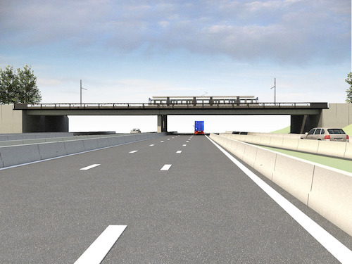 Toekomstbeeld 1 van de trambrug over de E40 in Zwijnaarde.