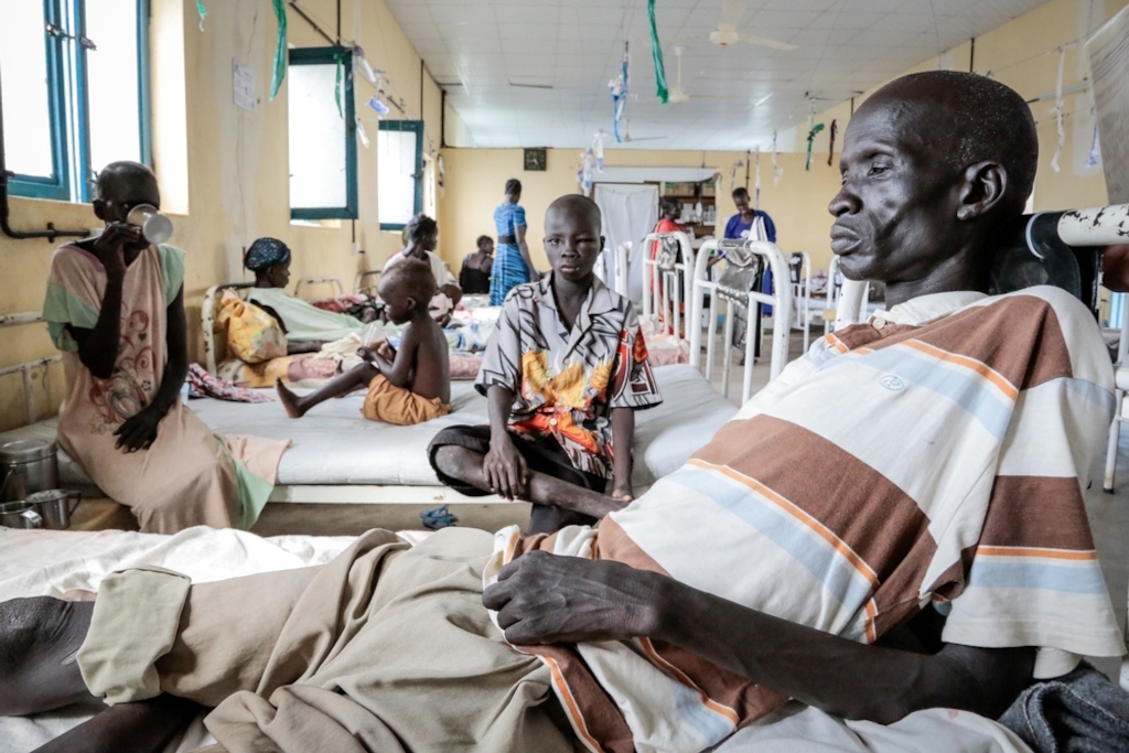 Akuel, 48, was bitten twice in his right leg by a sawscaled viper whilst digging his garden. 6 hours later he came to the MSF hospital in Agok, with a painful swelling. He received injections of anti venom and anti tetanos. Without this his life would have been in danger. Photographer: Pierre-Yves Bernard