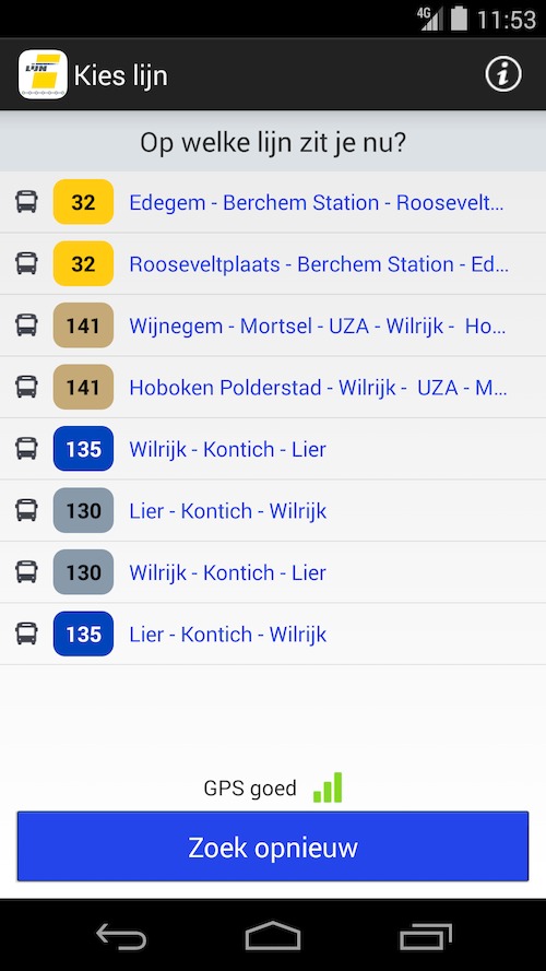 De Lijn - app halteaankondiging<br/>De app toont een aantal lijnen in de buurt, op basis van je gps-positie