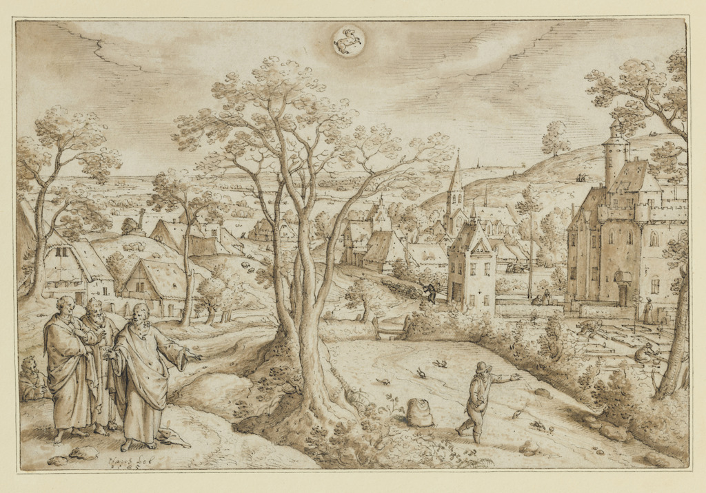 Hans Bol: voortekening van de maand april (de ‘zaaimaand’), in het teken van de stier en met de bekende parabel van de zaaier